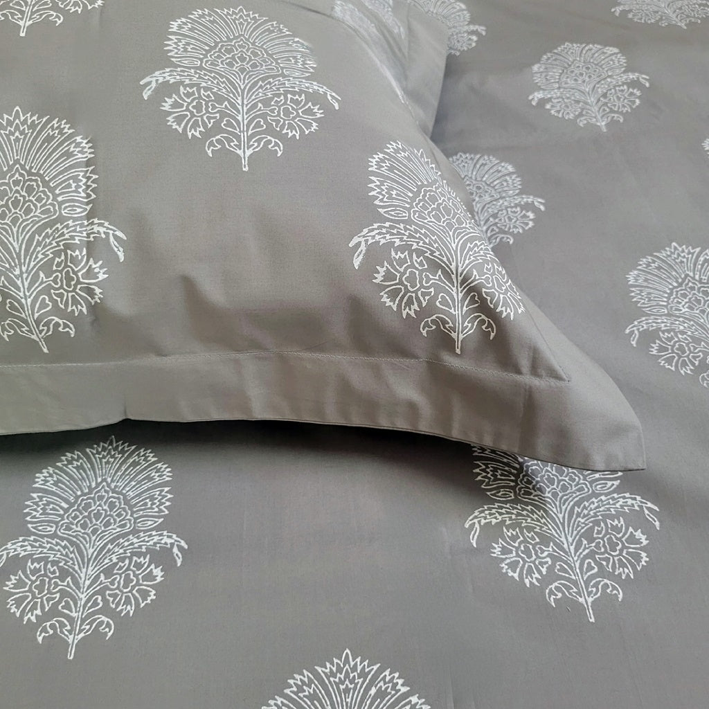 Duvet Cover Hand Block Printed- Grey Hibiscus