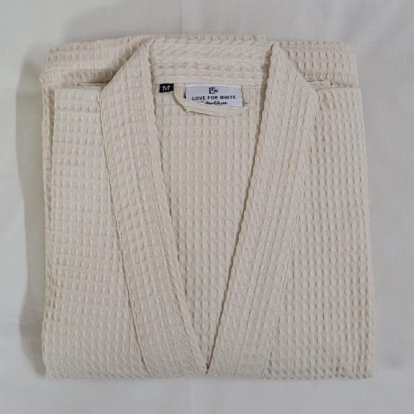 Waffle Quick Dry Spa Bathrobe - Natural Ecru - LOVE FOR WHITE                                                          