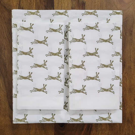 Bed Sheet Hand Block Printed "Dancing Rabbits"