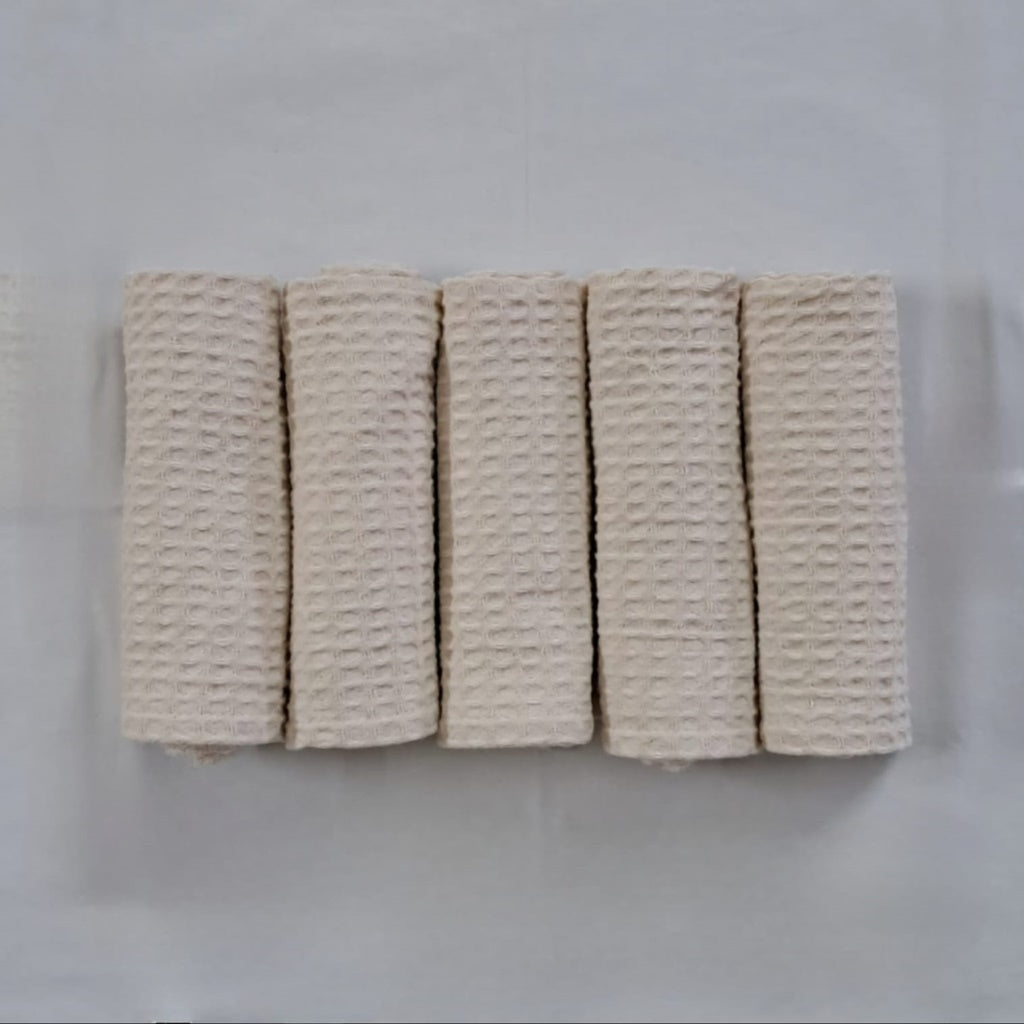Quick Dry Waffle Face Towel Set of 5- Natural Ecru - LOVE FOR WHITE                                                          