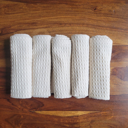 Quick Dry Waffle Face Towel Set of 5- Natural Ecru - LOVE FOR WHITE                                                          