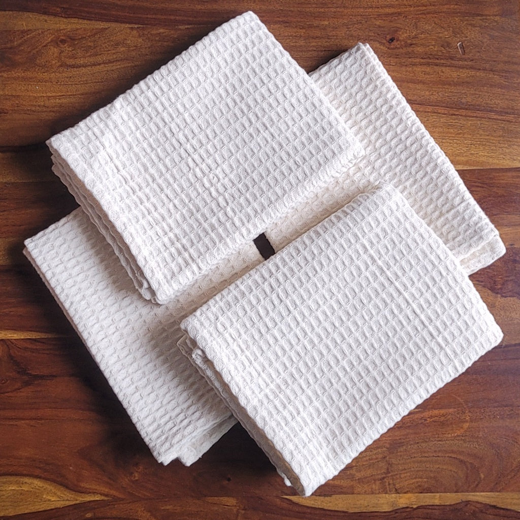 Quick Dry Waffle Hand Towel Set of 4 - Natural Ecru - LOVE FOR WHITE                                                          