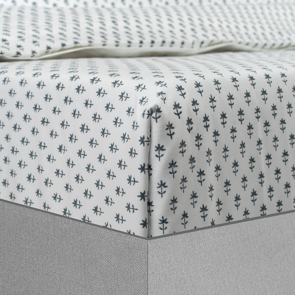 Fitted Sheet Hand Block Printed - Cornflower - LOVE FOR WHITE                                                          
