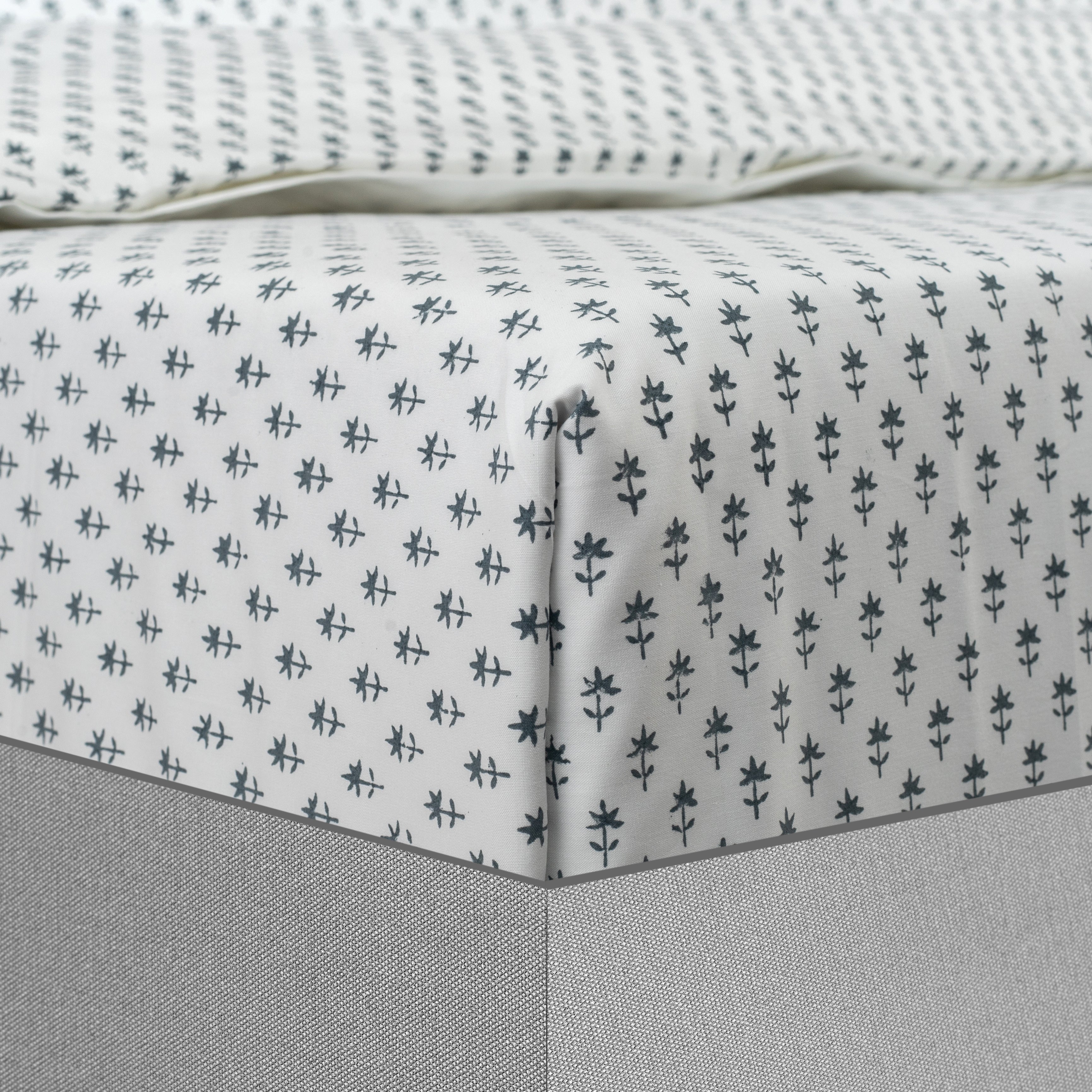 Fitted Sheet Hand Block Printed - Cornflower - LOVE FOR WHITE                                                          