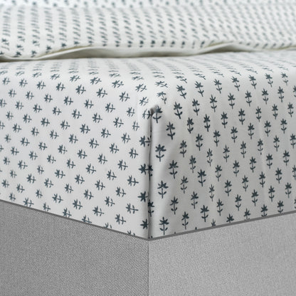 Fitted Sheet Hand Block Printed - Cornflower - LOVE FOR WHITE                                                          