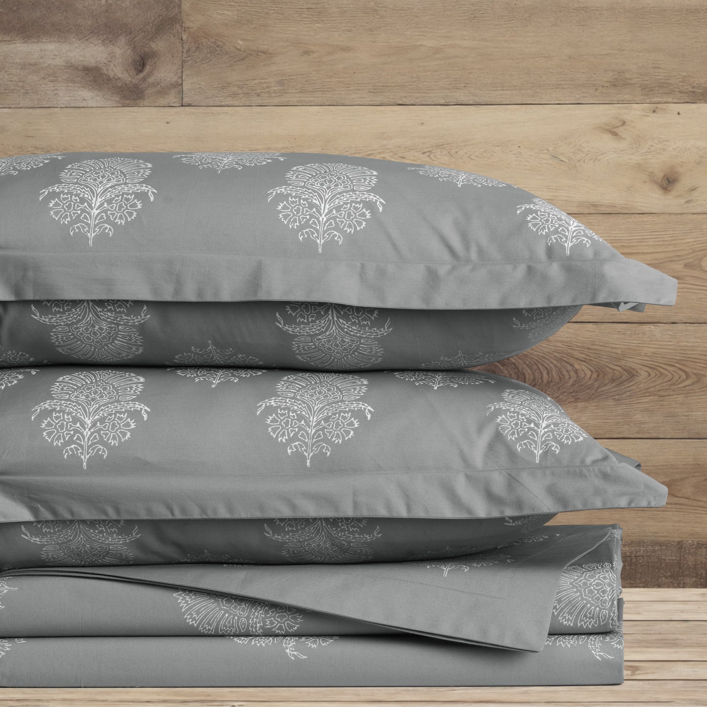 Pillow Covers Hand Block Printed "Grey Hibiscus" Set of 2 - LOVE FOR WHITE                                                          