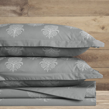 Pillow Covers Hand Block Printed "Grey Hibiscus" Set of 2 - LOVE FOR WHITE                                                          