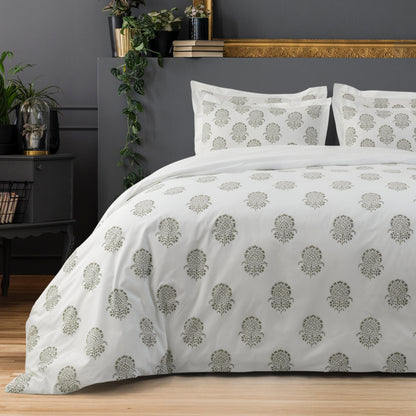 Bed Sheet Hand Block Printed "Hibiscus" - LOVE FOR WHITE                                                          