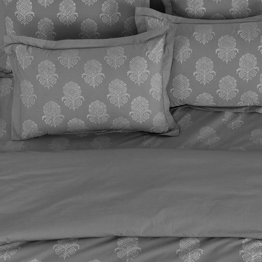 Pillow Covers Hand Block Printed "Grey Hibiscus" Set of 2 - LOVE FOR WHITE                                                          