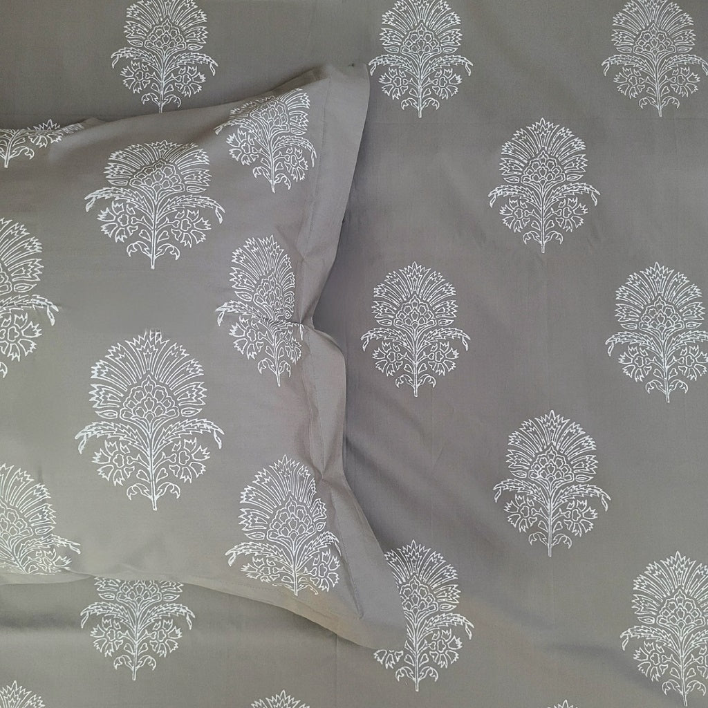Pillow Covers Hand Block Printed "Grey Hibiscus" Set of 2