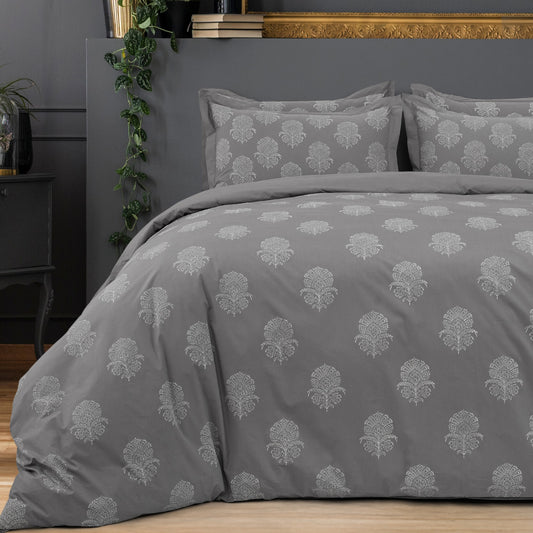 Pillow Covers Hand Block Printed "Grey Hibiscus" Set of 2 - LOVE FOR WHITE                                                          