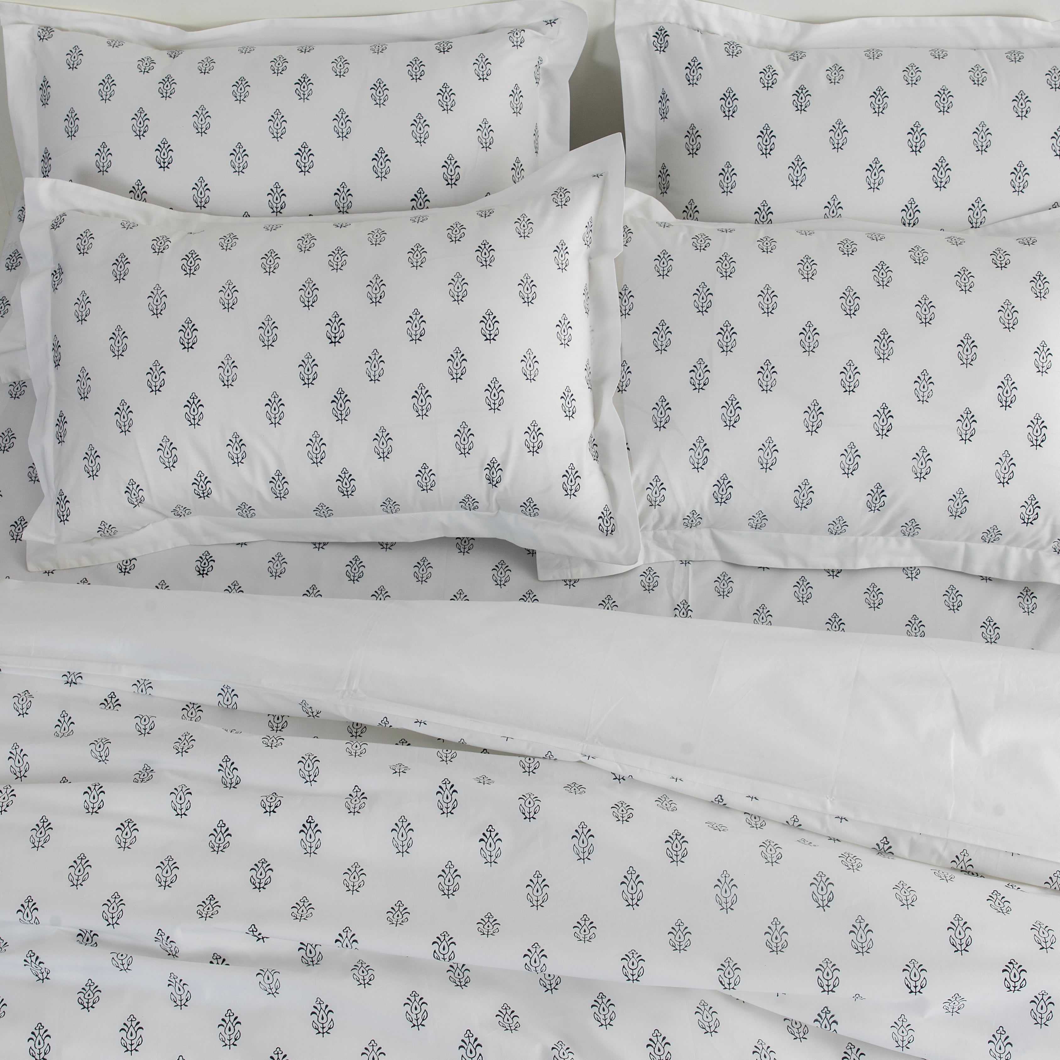 Bed Sheet Hand Block Printed "Ivy" - LOVE FOR WHITE                                                          