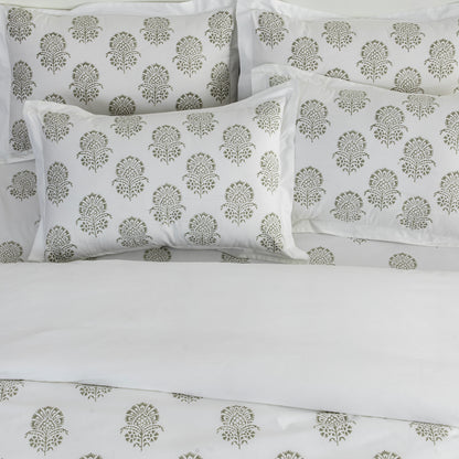 Bed Sheet Hand Block Printed "Hibiscus" - LOVE FOR WHITE                                                          
