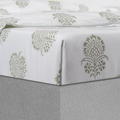 Fitted Sheet Hand Block Printed "Hibiscus" - LOVE FOR WHITE                                                          