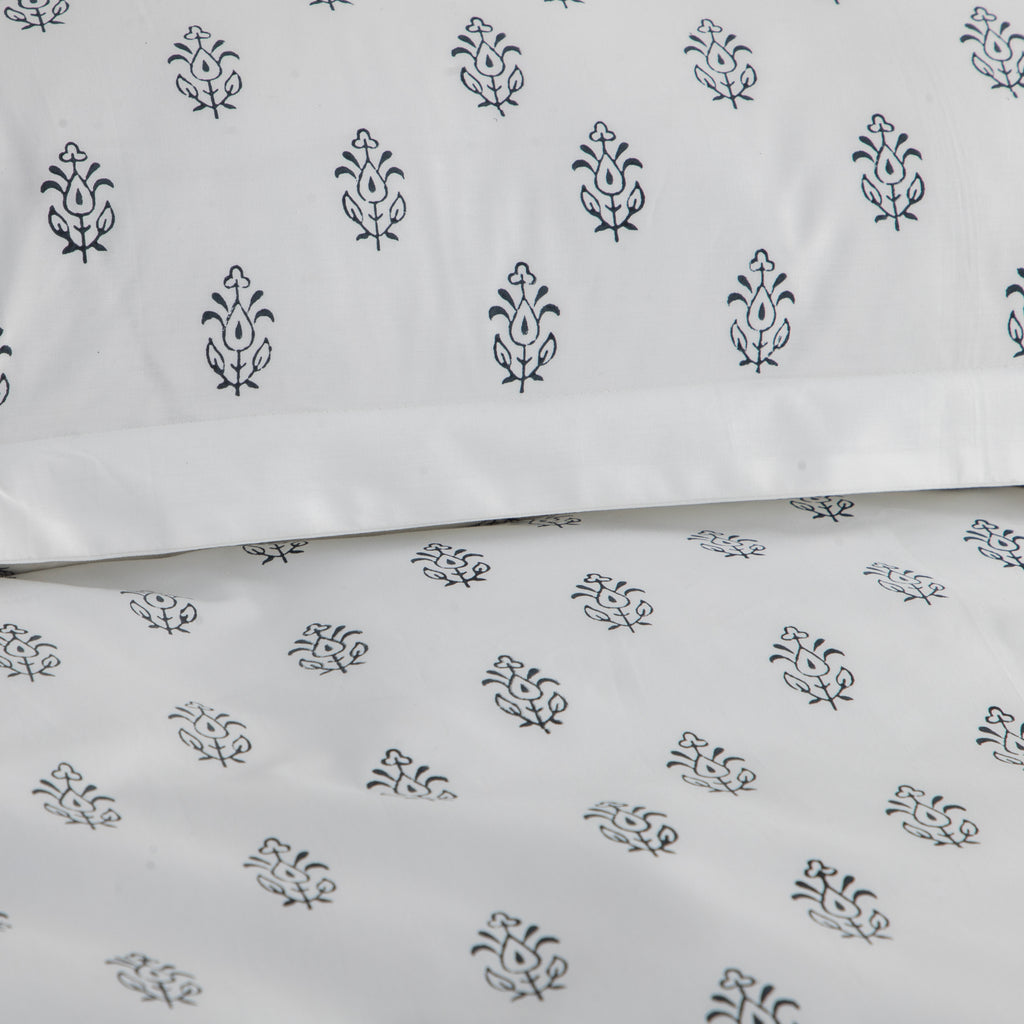 Bed Sheet Hand Block Printed "Ivy" - LOVE FOR WHITE                                                          