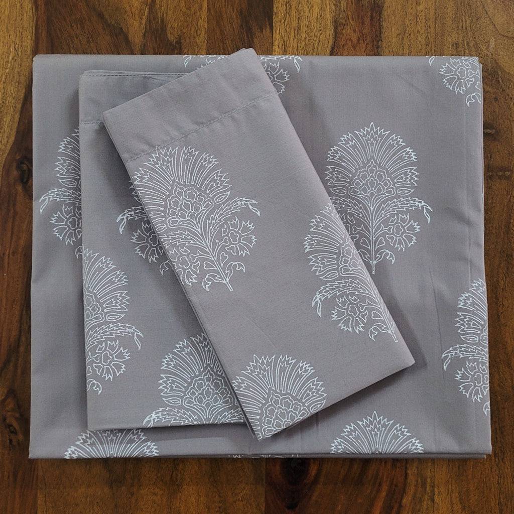 Bed Sheet Block Printed - Grey Hibiscus