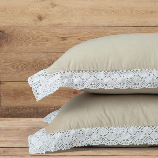 Pillow Covers Crochet Border Set of 2 - Ecru (Light Beige) - LOVE FOR WHITE                                                          