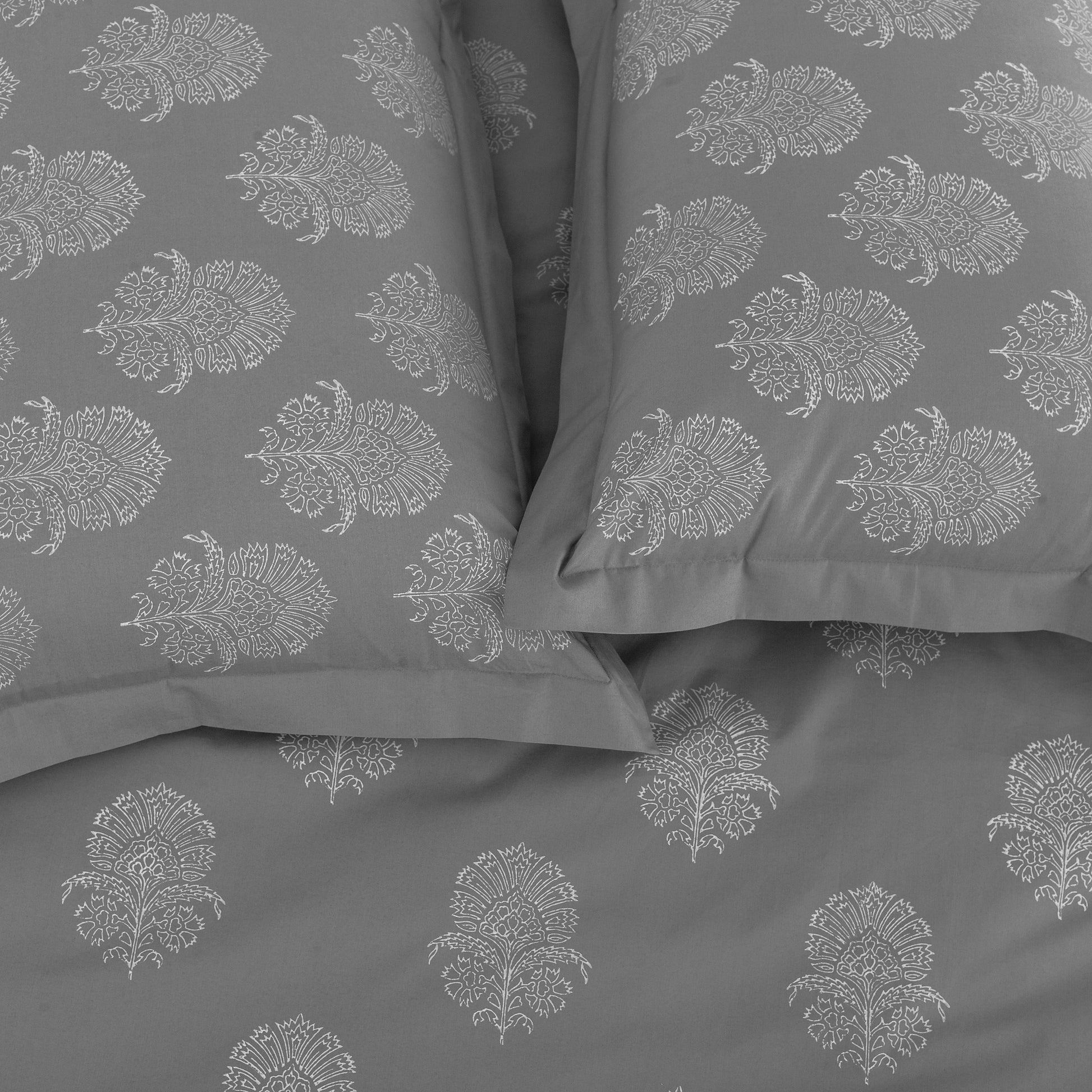 Duvet Cover Hand Block Printed- Grey Hibiscus - LOVE FOR WHITE                                                          