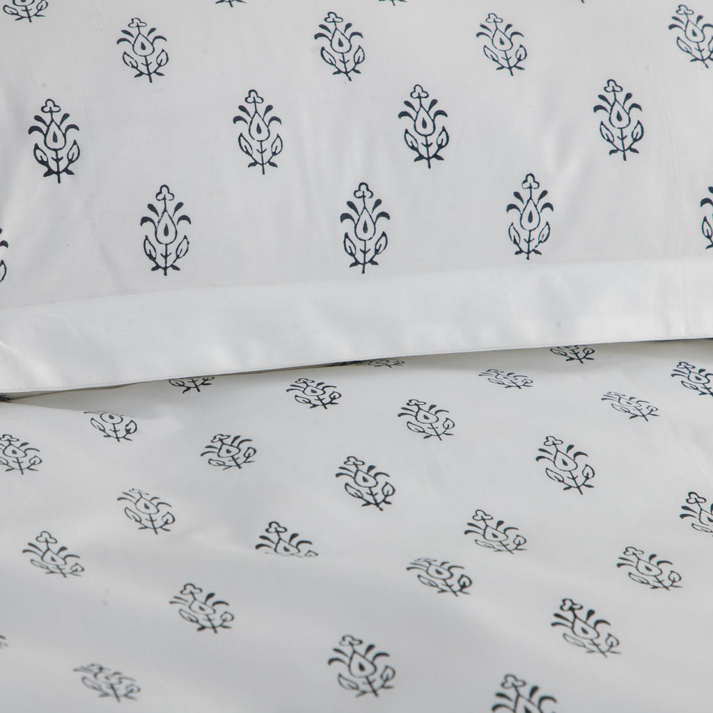 Bed Sheet Hand Block Printed "Ivy" - LOVE FOR WHITE                                                          