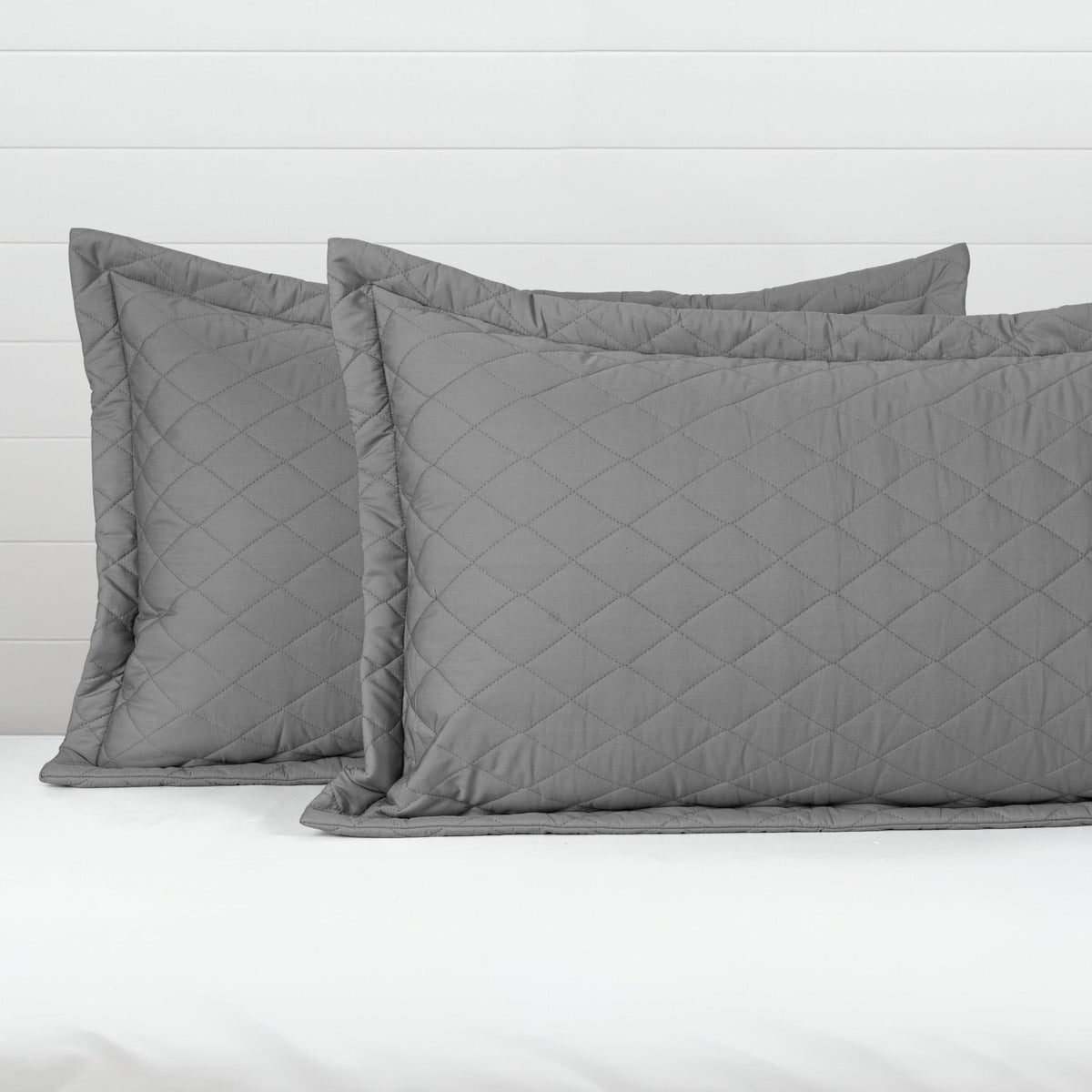 Quilted Pillow Covers Set of 2 -  Light Grey - LOVE FOR WHITE                                                          